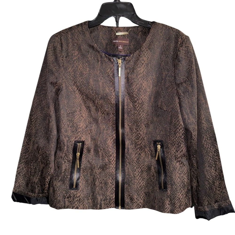 Dana Buchman Cotton Brown Animal Skin Style Jacket Brown Snake Print Siz